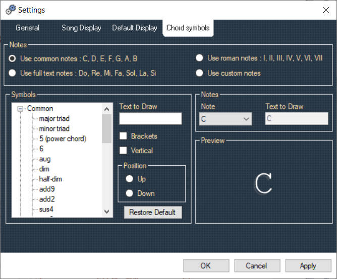 Chord settings panel
